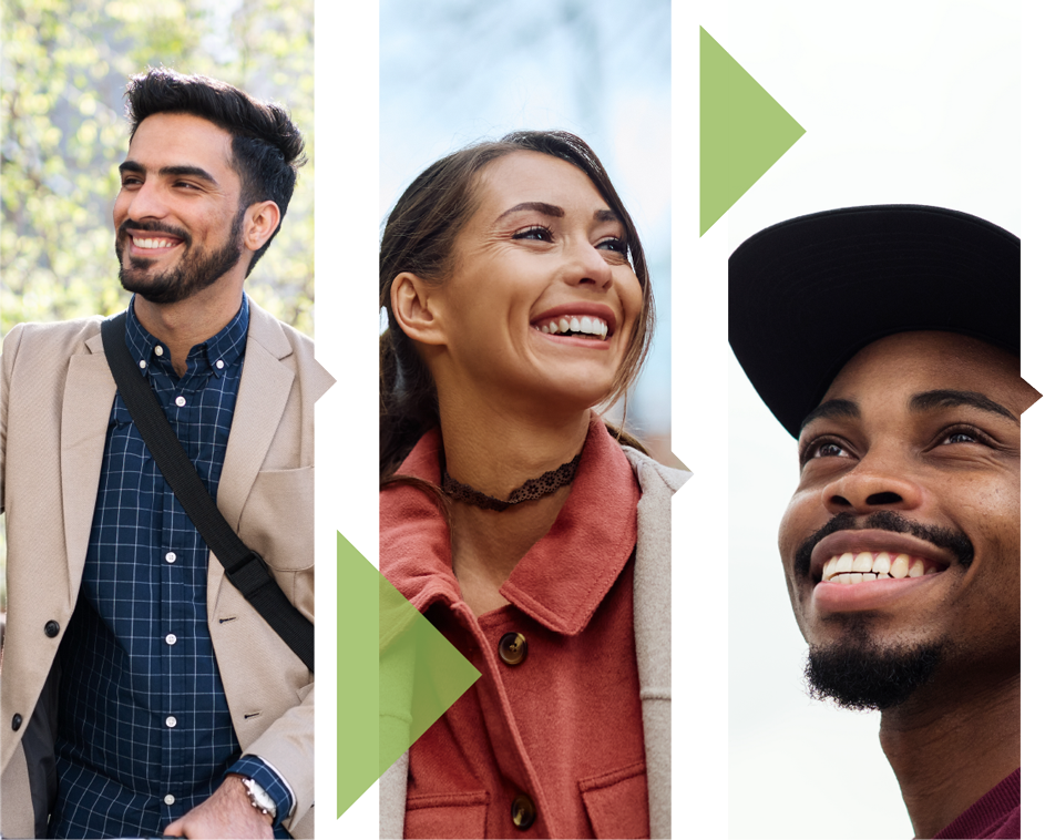 Three happy individuals posing for photos with big smiles on their faces.